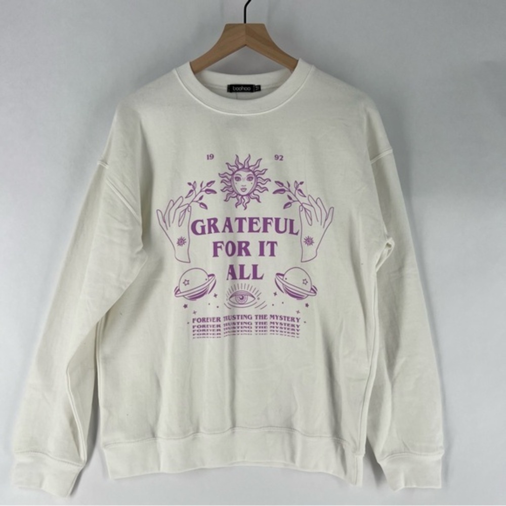 Boohoo White Grateful Sun‎ Sweatshirt Graphic 1992  Zodiac Crewneck M